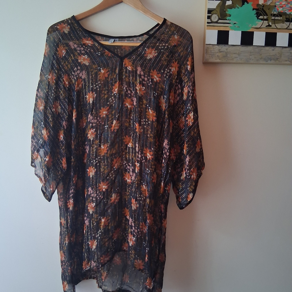 Floral Sheer Women's Dress - Black, Orange, Gold, Small Oversized